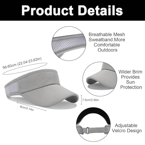 YAMEIZE Sun Visors for Women Men Wide Brim Running Golf Tennis Ponytail Sun Visor for Sport Summer - color: Light Grey