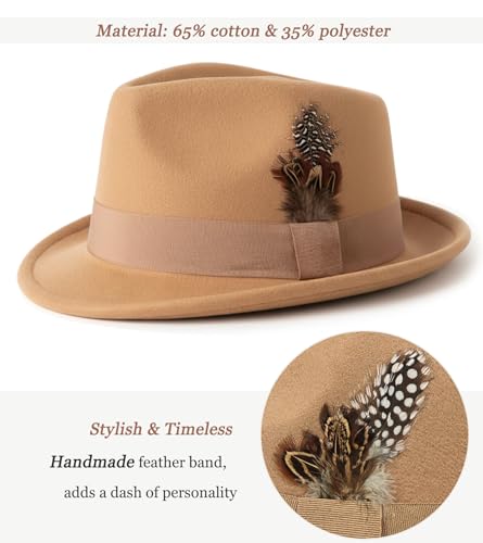 Lisianthus Short Brim Fedora Unisex Trilby Hat with Feather Band - color: Camel