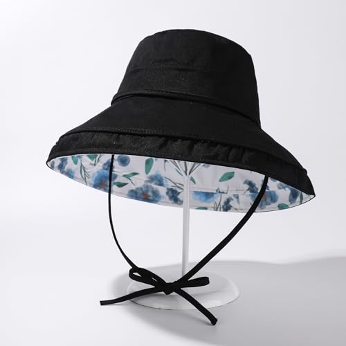 HUAMULAN Women Wide Brim Reversible Sun Hat Summer Beach Fishing Bucket - color: Black Floral