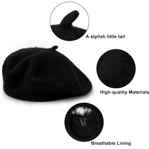 Classic French Beret Hat for Women - Vintage Style Fashion Beanie Hat - color: Black