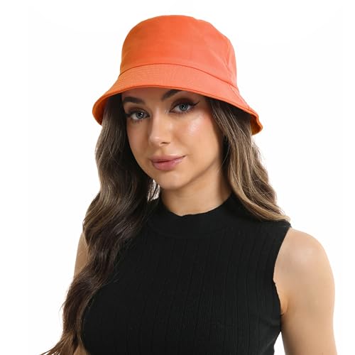 Wheebo Solid Color Bucket Hat for Women Summer Beach Fishmen Hat for Lady Adult Unisex Cotton Cap…… - color: A-sc-orange