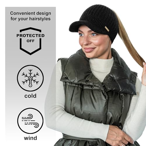 Beanie Visor - Womens Winter Wool Knit Hat with Brim - Billed Knit Cap Newsboy Hats - color: Ponytail Black