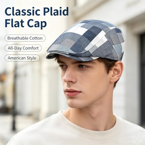 Flat Cap for Men Cotton Plaid Ivy Newsboy Hat Driving Golf Cap - color: Blue