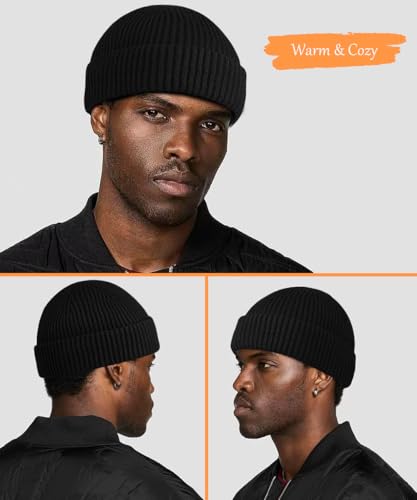 Heniho Wool Fleece Lined Fisherman Beanie for Men, Winter Warm Hats Cuffed Knit Watch Cap Trawler Hat - color: 2pack J- Black&navy