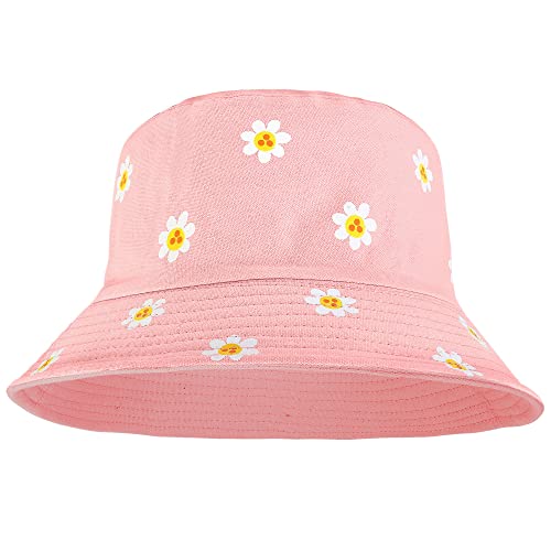 Falari Reversible Bucket Hat for Men Women Summer Travel Beach Outdoor Fishing Hat 100% Cotton - color: J876-pink-daisy Flower
