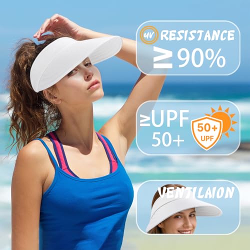Pleneal Sun Hats for Women Wide Brim Sun Visor Hat Foldable Ponytail Cap - color: White