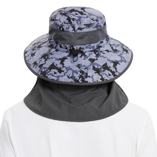 BASSDASH UPF 50+ Breathable Sun Hat with Removable Face Cover and Neck Flap Wide Brim Bucket Hat for Fishing Hiking Men Women - color: Storm Camo/Dark Grey