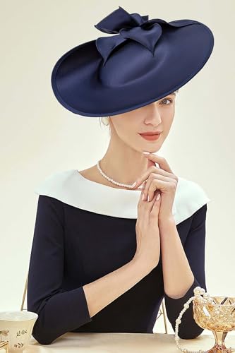 BABEYOND Derby Fascinators Hats for Women Wide Brim Tea Party Flower Hat - color: Navy Blue