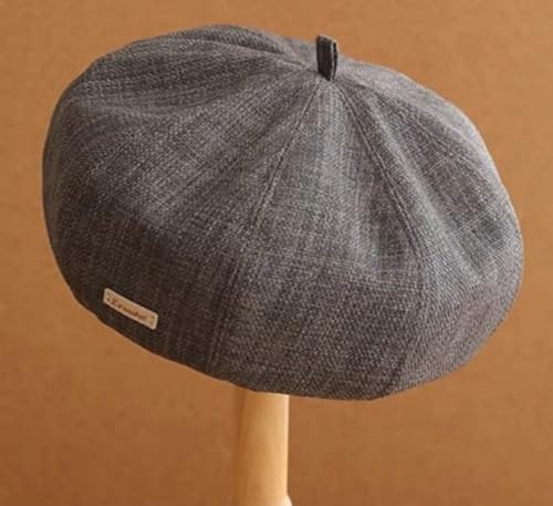 Women's Cotton Linen Beret Hat Vintage French Breathable Slouchy Beanie Cap Casual Painters Hat for Spring Summer - color: Grey