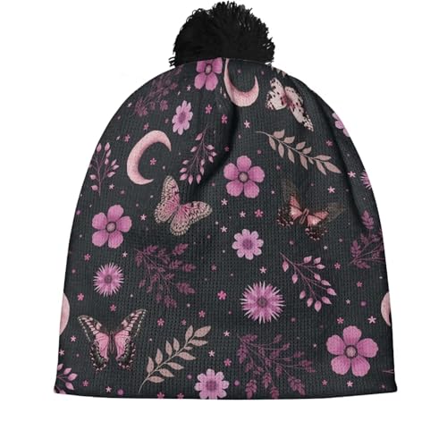 Cute Winter Hats for Women Cold Weather Knit Beanies for Women with Pom Pom - color: Gothic Moon Star Butterfly and Floral-purple