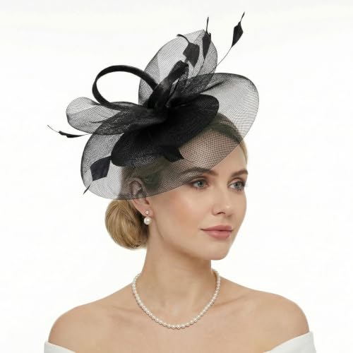 tiggell Fascinators Tea Party Hat for Women, Fascinator with Pillbox Hat - color: Black
