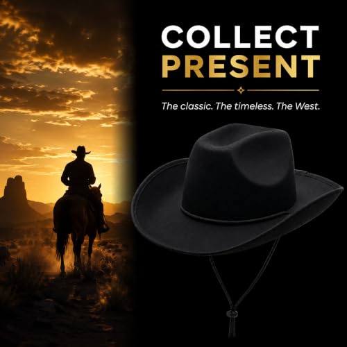 COLLECT PRESENT Plain Felt Cowboy & Cowgirl Hat for Men and Women | Western Studded Cowboy Hat in Adult Sizes - color: Black
