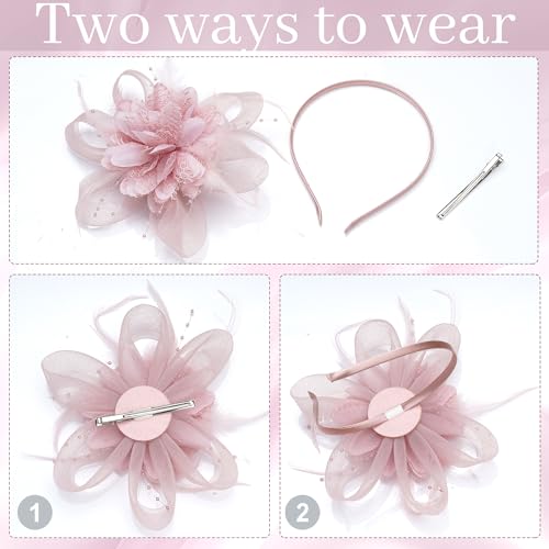 Fascinators Hats with Lace Gloves for Women Headband for Tea Party Wedding - color: Pink