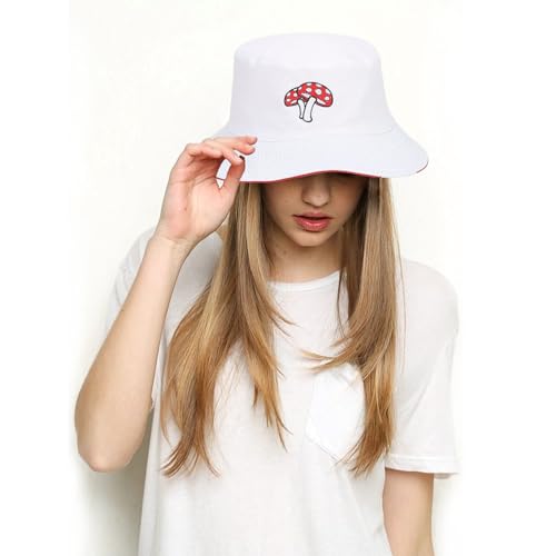 Bucket Hat for Women Men, Cotton Reversible Double Side Wear Sun Hats Beach Fisherman Hat - color: Mushroom Dots
