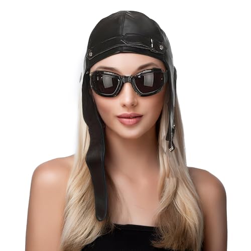 Aviator Hat and Goggles | Aviator Pilot Costume Accessories | Retro Pilots Hat - style: Black Aviator Hat & Goggles