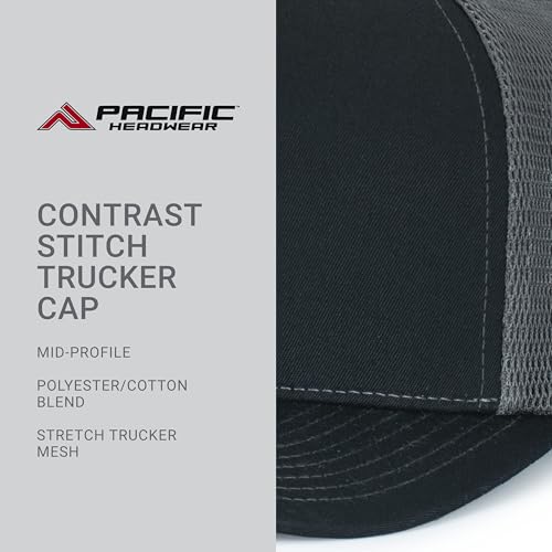 Pacific Headwear Contrast Stitch Trucker Pacflex Snapback Cap - color: Black/Graphite/Black