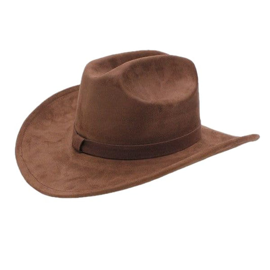 Faux Suede Cowboy Hat, Western Outback Fedora, Wide Brim, Cattleman Pinch Front Crown, Unisex Rancher Style, Water Resistant - color: Chestnut