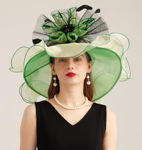 Women Derby Church Hat Organza Flower Wedding Tea Party Fascinator Wide Brim Sun Hat - color: 10-light Green
