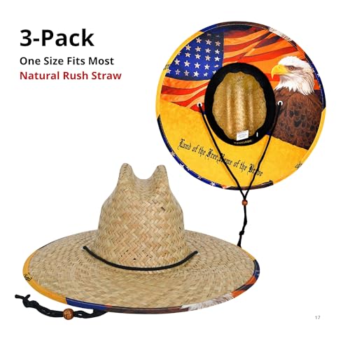 3 Pack Straw Hats for Men, Lifeguard Straw Hat, Wide Brim Sun Hat for Men, Natural Straw, Adjustable Chin Strap - color: Rush Eagle Flag