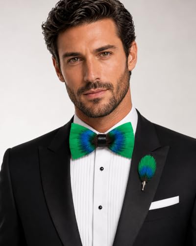 RBOCOTT Handmade Feather Pre-tied Bow tie and Brooch Sets for Men - color: Green