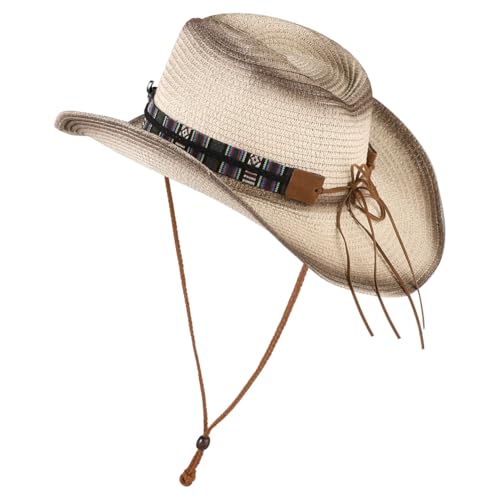 Western Straw Cowboy Cowgirl Hat for Men Women Wide Brim Cowboy Hat with String Shapeable Sun Beach Cap Fishing Cap - color: Brown-white