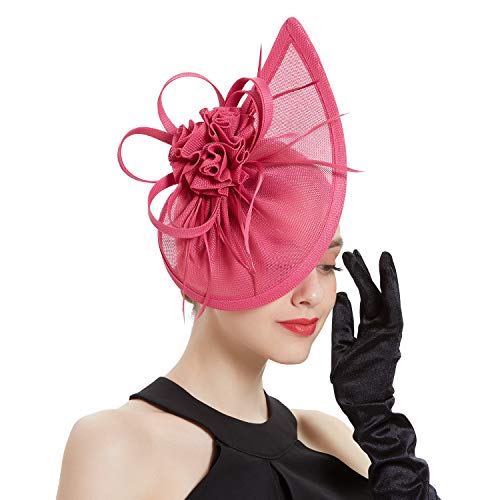 Fascinators Hat for Women Tea Party Headband Mini top Hats Cocktail Flower Mesh Feathers Hair Clip - color: Rose Red