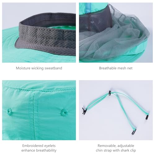 BASSDASH UPF 50+ Mosquito Sun Hat with Hidden Head Net and Neck Flap for Men Women Outdoor Fishing Hiking Camping - color: Turquoise