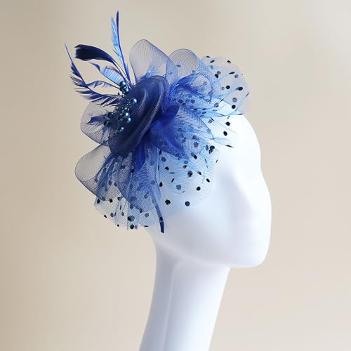 WLBON Fascinators Hat 20s 50s Headband Hair Clips Flower Mesh Veil Feather Headpiece Headwear Women Halloween Carnival Cocktail Wedding Church Cosplay Dress Up Birthday Tea Party Accessories Blue - color: Blue Tone