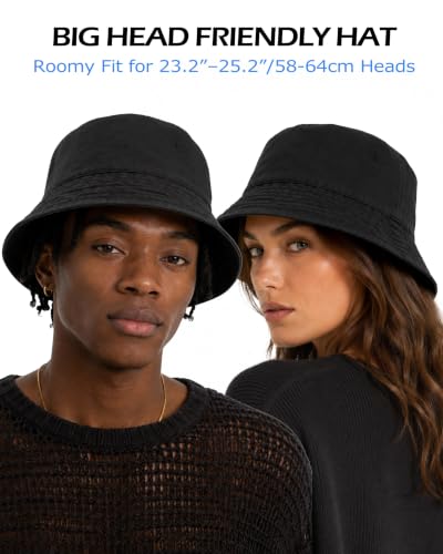 Zylioo XL XXL Bucket Hat for Big Heads, Washed Cotton Sun Hat - color: Black-lined, size: X-Large