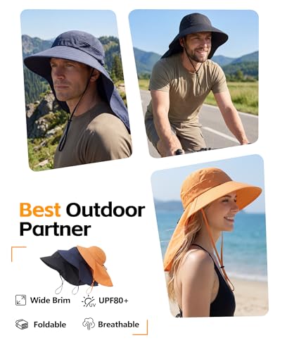 Home Prefer UPF 80+ Sun Hat for Men Women Wide Brim Sun Hat with Neck Flap Summer Beach UV Protection Gardening Fishing Hat - color: Soft Blue