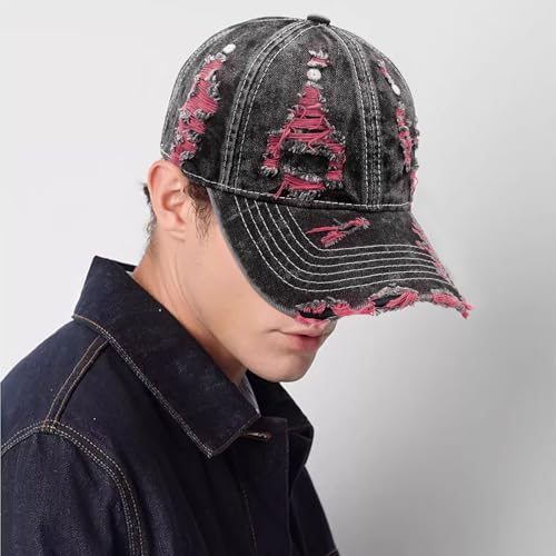 Distressed Washed Denim Baseball Cap Vintage Ripped Strapback Sun Hat for Men Women - color: Pink