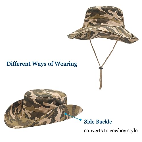ZLYC Men Waterproof Camo Sun Hat Wide Brim Mesh Fishing Bucket Hat - color: 8cm Brim Camo Khaki
