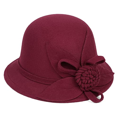 Ladies Wool Felt Bucket Hat Women Vintage Cloche Fedora Winter Church Bowler Hat with Bow - color: Red Rose