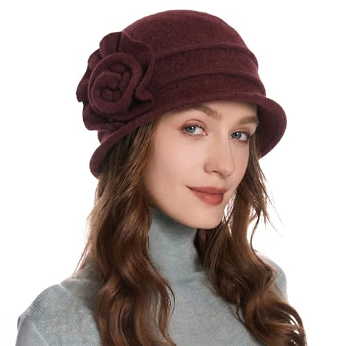 ZLYC Women Wool Cloche Bucket Hat 1920s Vintage Winter Hat with Flower - color: Floral Burgundy