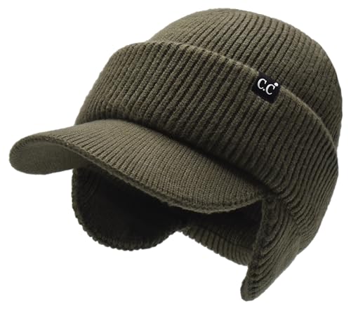 C.C Beanie Strechy Snug Fit Soft Knit Hat with Visor Brim & Ear Warmer Flaps - color: Army Green