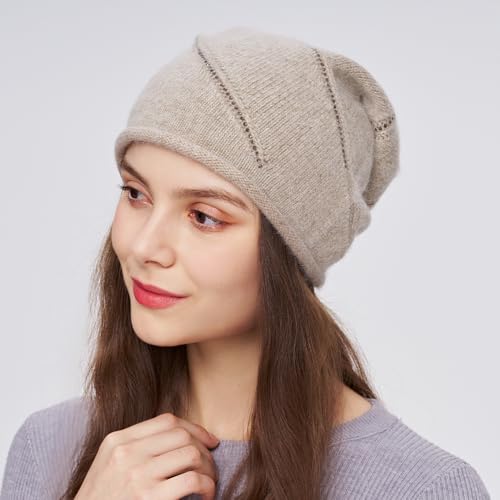 Women's Knitted Angora Wool Hat for Autumn and Winter Warm and Stylish with Rolled Brim and Slanted Rhinestones Cap - color: New-camel