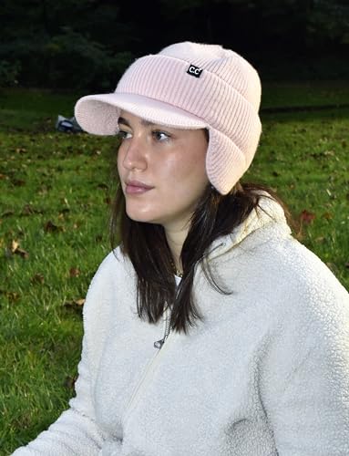 C.C Beanie Strechy Snug Fit Soft Knit Hat with Visor Brim & Ear Warmer Flaps - color: Light Pink