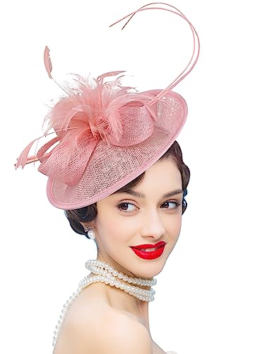 Z&X Sinamay Fascinator Hat Floral Feather Pillbox Derby Hats for Women Wedding Tea Party with Headband Clip - color: 007 Pink
