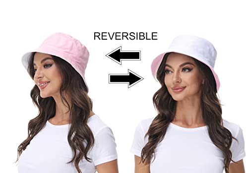 Women Reversible Bucket Hat, Summer Sun Hat for Women - color: Pink- White
