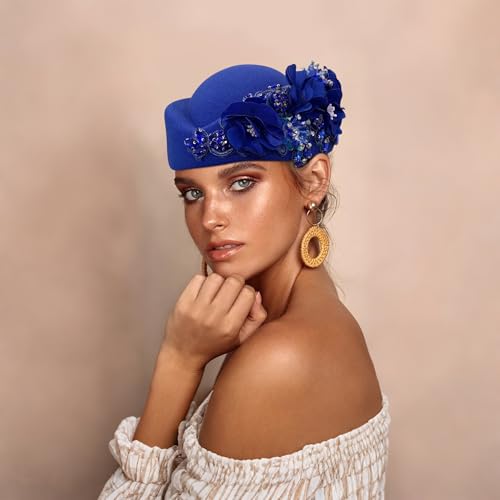 Beret Hats for Women British Felt hat Women's Church Derby Headdress Women's Floral hat Suitable for Wedding Parties Events - color: Royal Blue