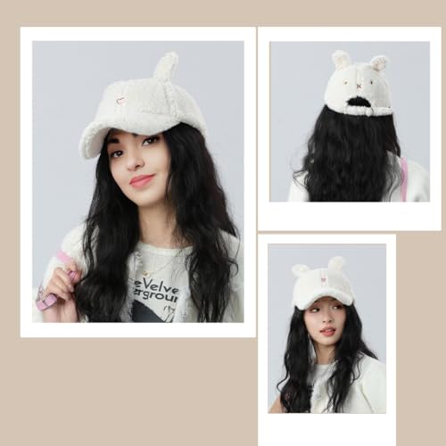 Cute Hat for Women Winter Wool Cat Rabbit Ears Soft Beanie Slouchy Baseball Cap Vintage Casual Sports - color: White