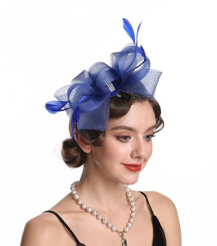 SAFERIN Elegant Women's Fascinator Hat with Veil and Feather Hair Clip Headpiece for Weddings Tea Party - color: St09-sapphire Blue