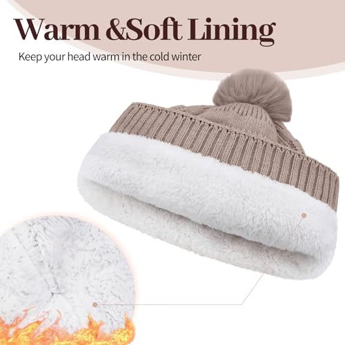 Winter Beanie Hats for Women with Faux Fur Pom Warm Cozy Knit Fleece Thermal Snow Ski Skull Cap for Cold Weather - color: Khaki