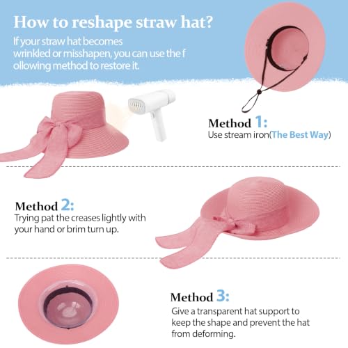 DRESHOW Sun Hats for Women Summer Wide Brim Beach Straw Hat Bowknot Bucket Hats Foldable Floppy Beach Sun Hat UPF 50+ - color: 1 Pack Bowknot Ribbon Hat: Pink