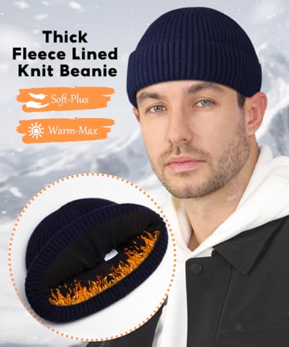 Heniho Wool Fleece Lined Fisherman Beanie for Men, Winter Warm Hats Cuffed Knit Watch Cap Trawler Hat - color: 2pack J- Black&navy