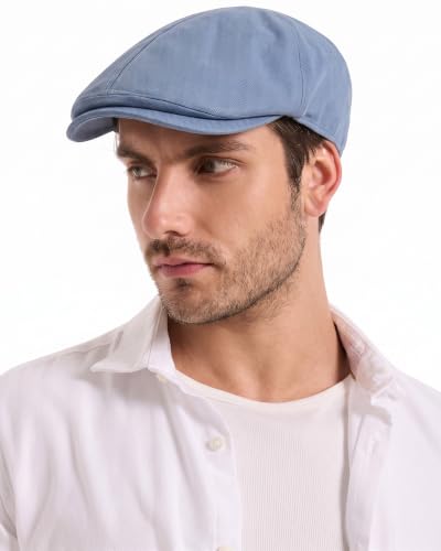 ZLYC Men Cotton Flat Cap Summer Scally Newsboy Beret Driver Hat - color: Plain Blue