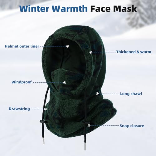 Ski Mask Balalclava Windproof Face Mask Warm Fleece Neck Cover for Cold Weather Helmet Hood for Men & Women - color: Green Print