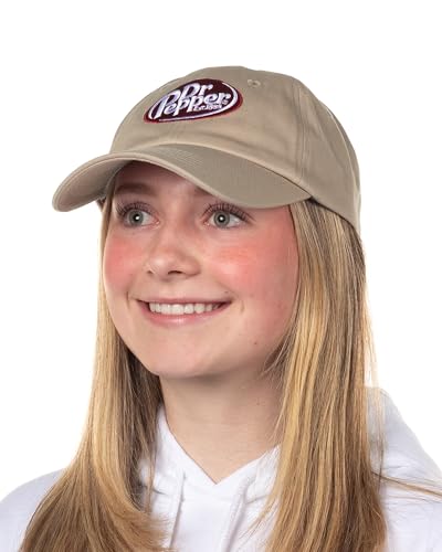 Dr Pepper Baseball Cap Embroidered Logo Design Adjustable Slide Strap Dad Hat OSFM Tan