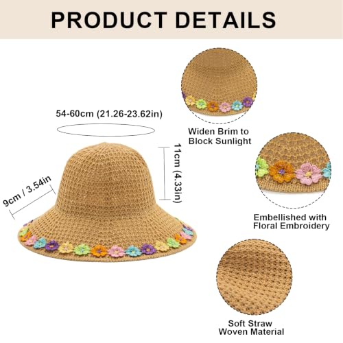 YAMEIZE Flower Straw Bucket Hats for Women Raffia Beach Sun Hat Wide Brim Packable Woven Hat for Summer - color: Color Flower Khaki