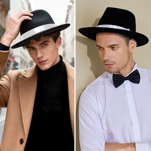 BABEYOND 1920s Fedora Hat for Men Gatsby Wide Brim Hat Felt Panama Cap - color: Black